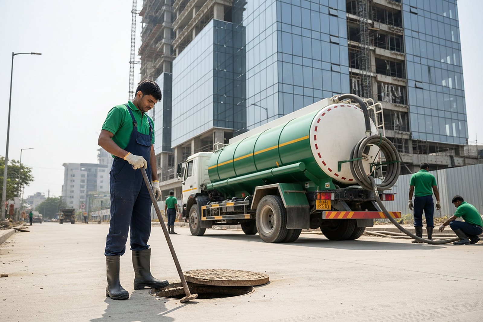 Septic tank cleaning crew at work in Gachibowli, Hyderabad, Hyderabad