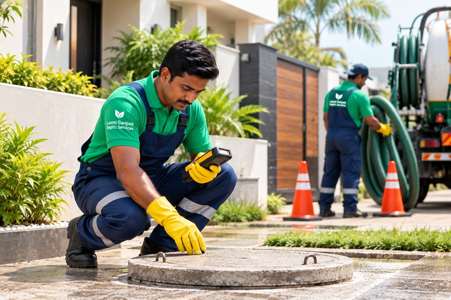Septic tank cleaning crew at work